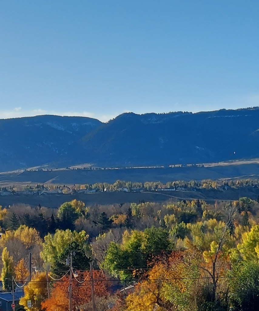 View of a mountain across a valley of colorful trees in autumn.