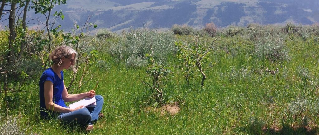 Woman sitting on the ground writing beside trees with mountains behind her.